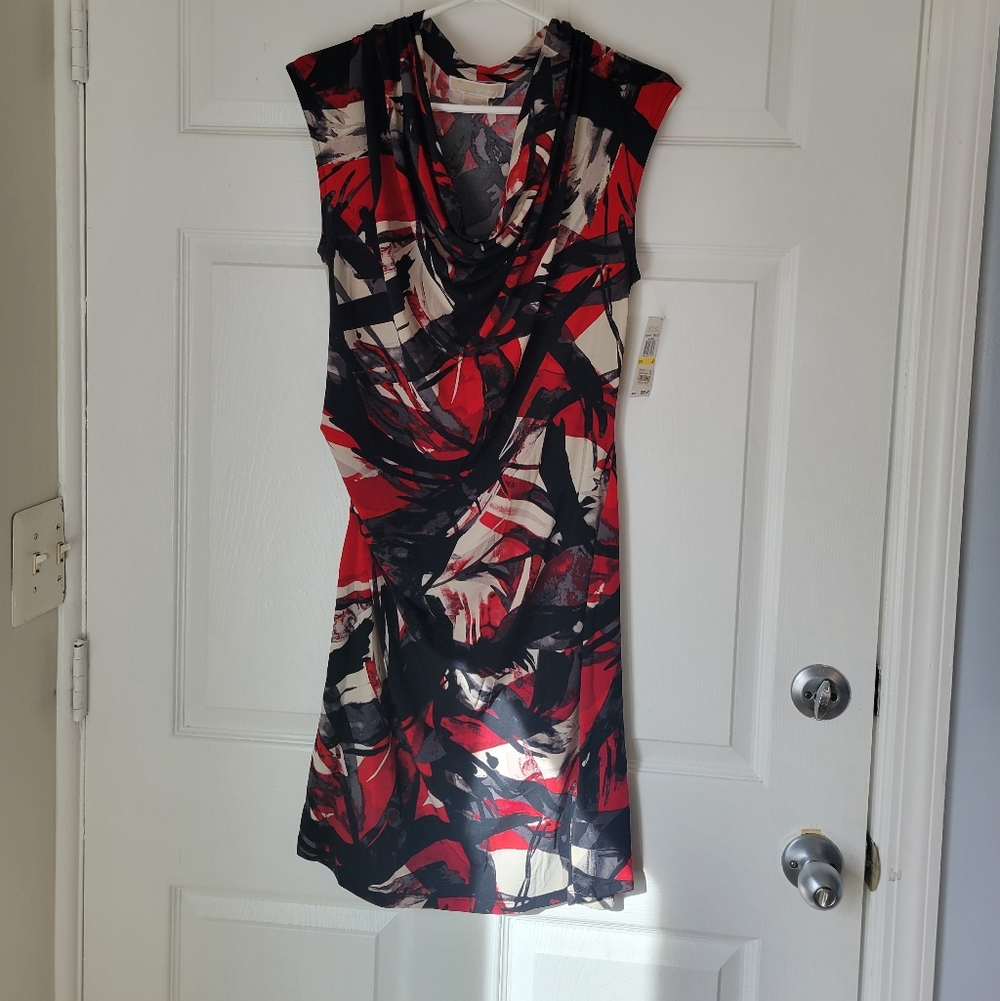 Michael Kors Abstract Red and Black Midi Dress